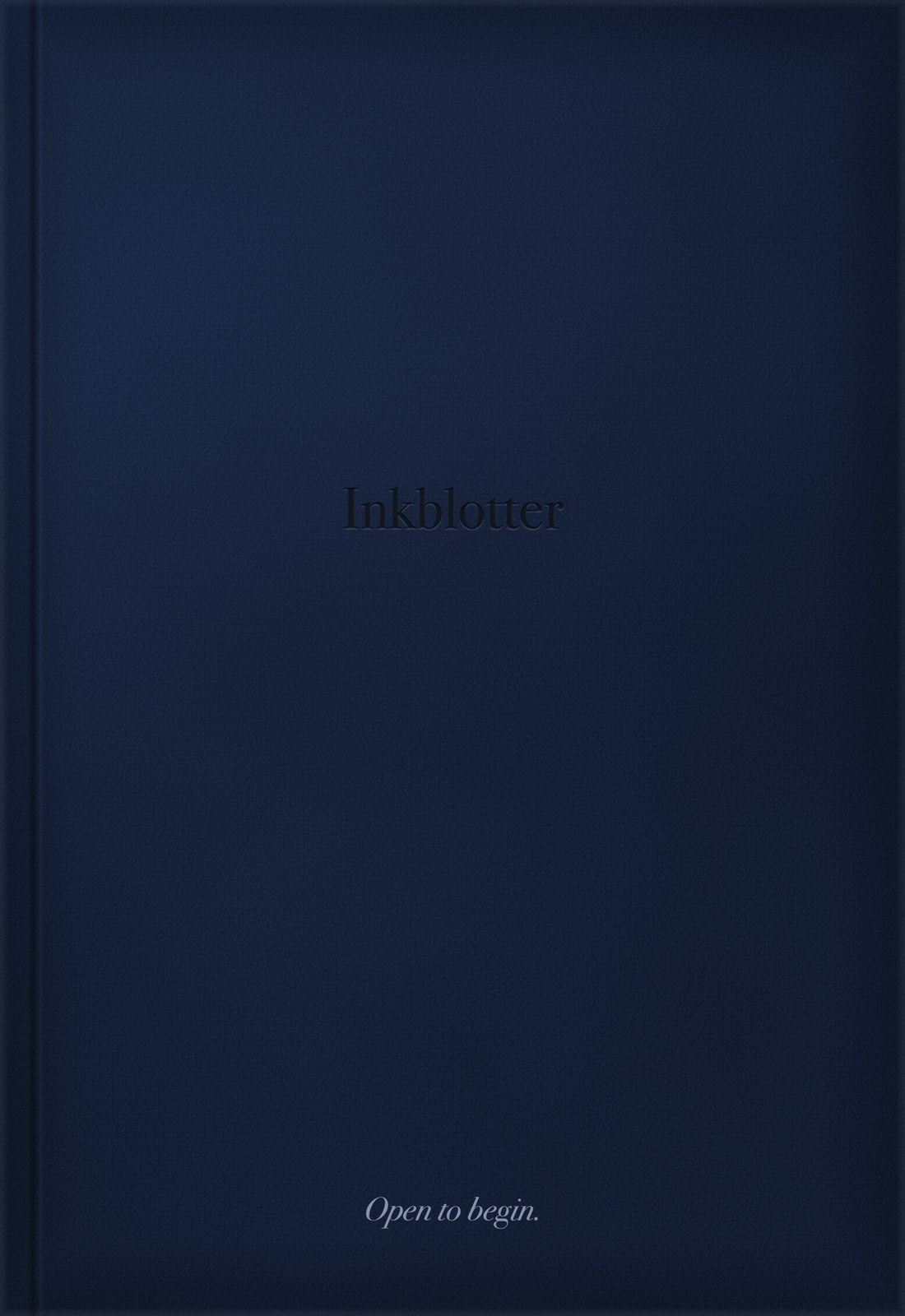 The closed iPhone Duo's outer screen as a plain blue-black notebook cover, with Inkblotter pressed faintly into it and Open to begin at the foot
