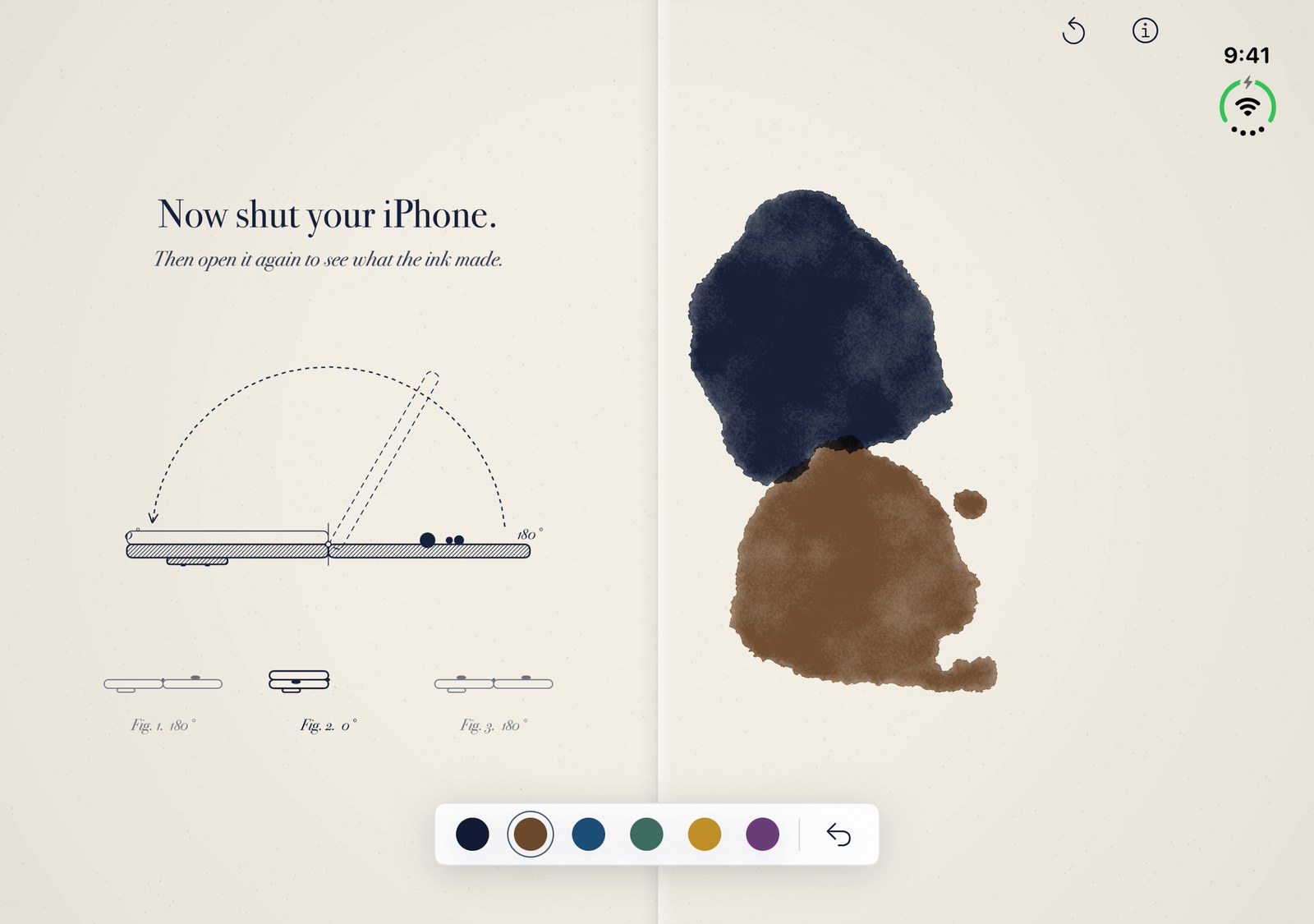 Blue-black and sepia ink pooled on the right page; the left page now reads Now shut your iPhone