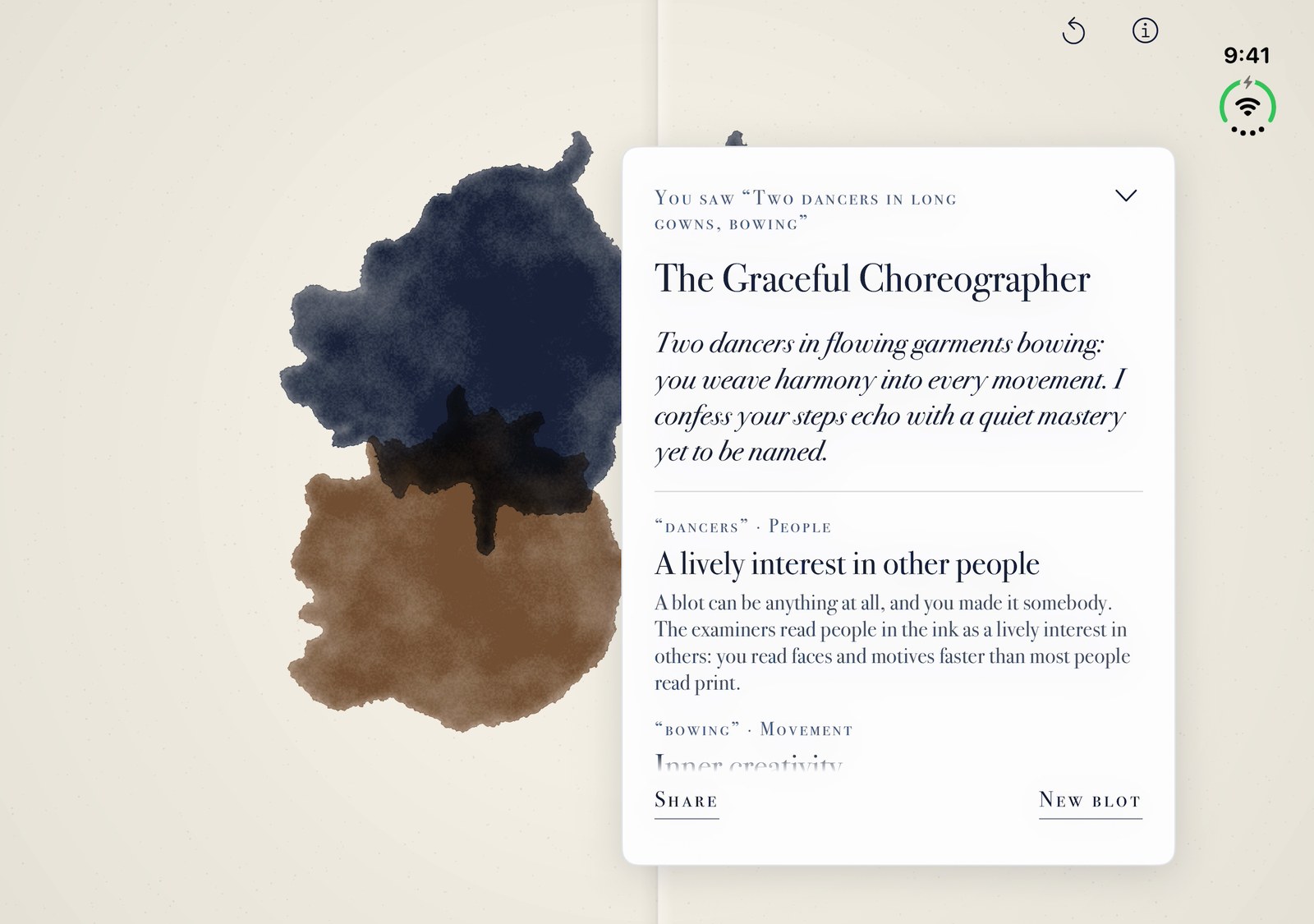 The reading on the right-hand page beside the blot, titled The Graceful Choreographer: a verdict on what the answer says, then each part of it, dancers and bowing, headed by what it means