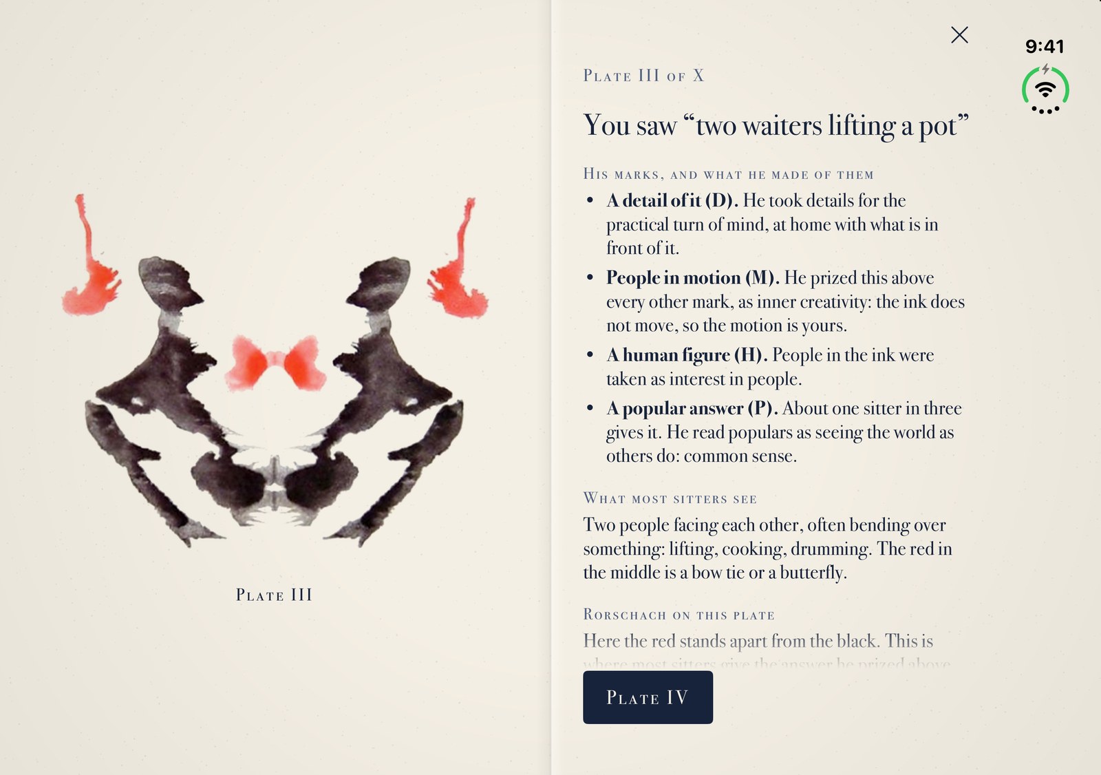 Rorschach's third plate printed on the left page; on the right, the answer two waiters lifting a pot, each of its marks with what he took it to mean, and what most sitters see