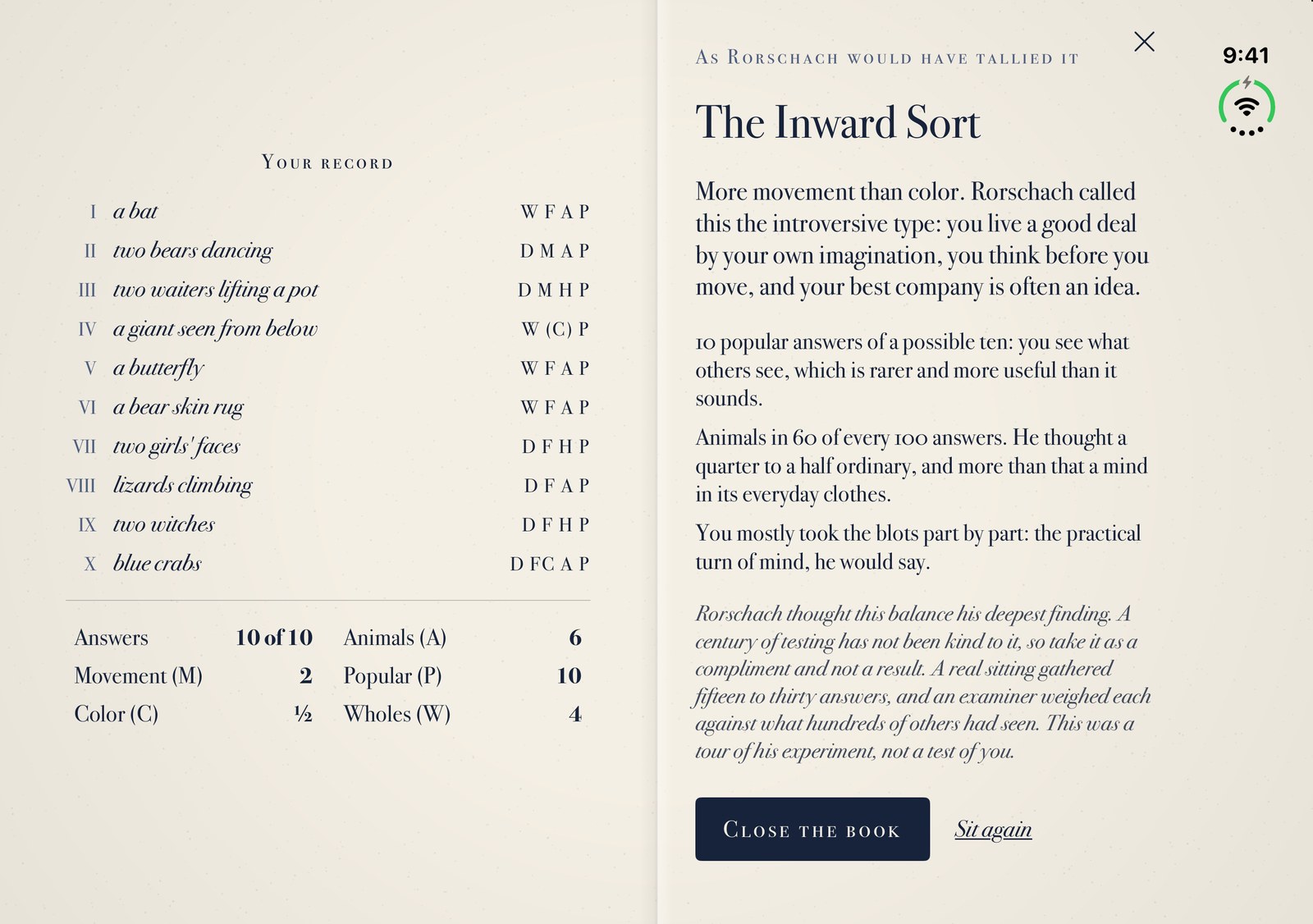 A scoring sheet listing ten answers with letter codes and totals on the left page; on the right, the result The Inward Sort with remarks