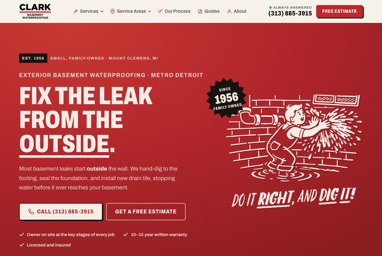 Clark Basement Waterproofing website with its red and cream identity and illustrated basement mascot.