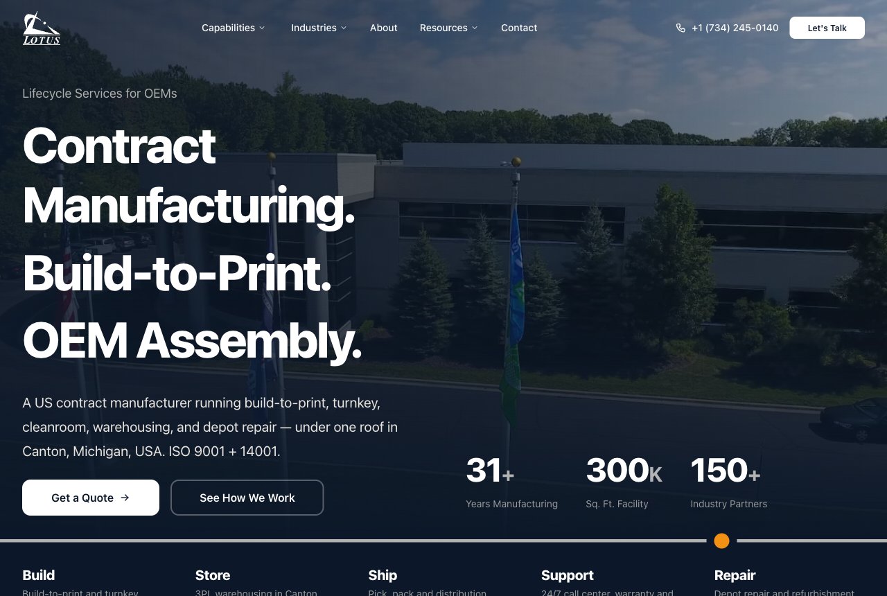 Lotus International website showing its manufacturing facility and capabilities.