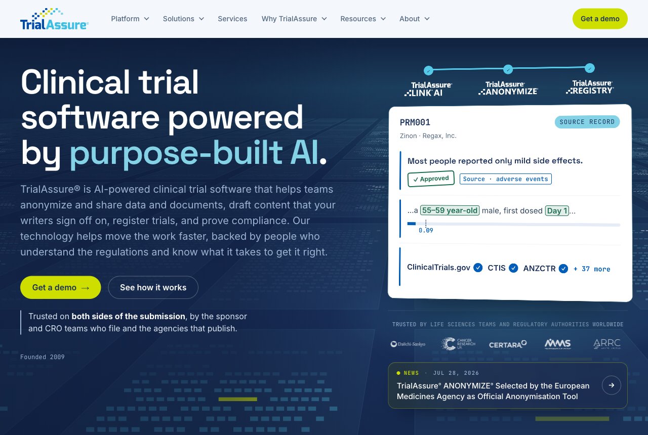 TrialAssure website introducing its clinical trial software with a product illustration.